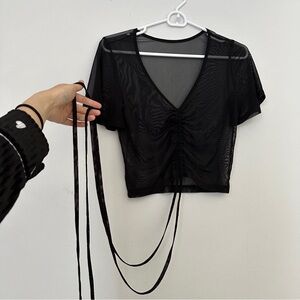 Black Mesh Strappy Tie V-Neck Top